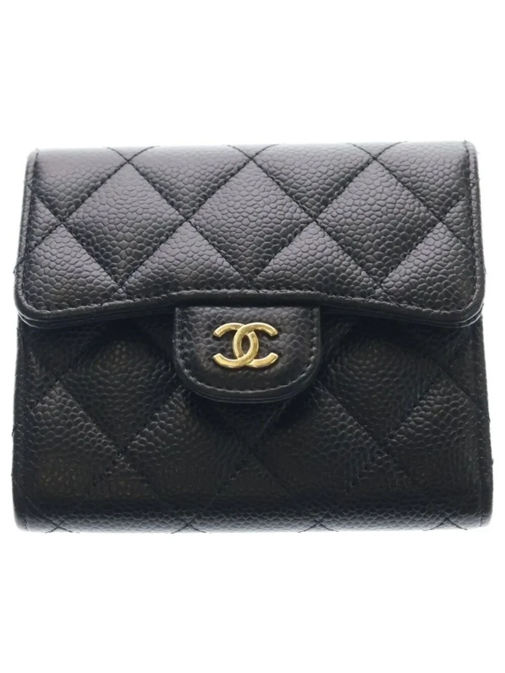 Chanel Quilted Caviar Leather Gold Classic Small Flap Wallet Trifold Black